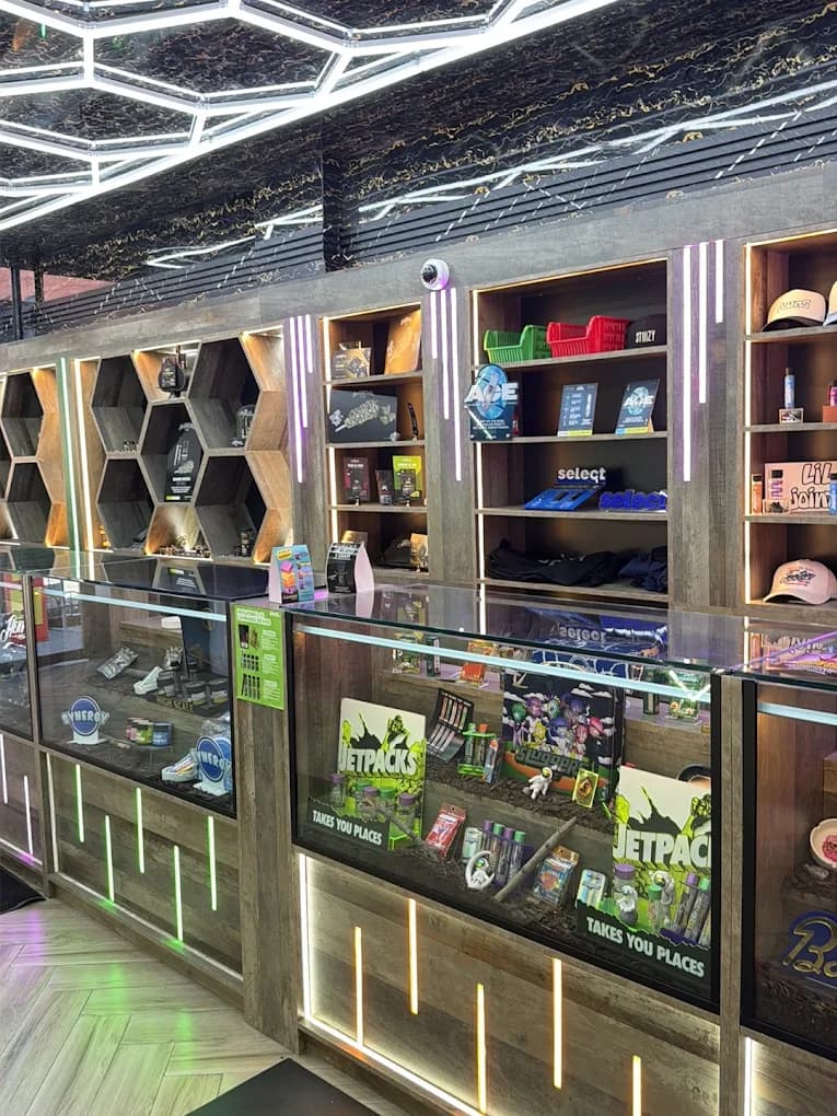 Honeycomb ceiling and hexagon shelves at Rezidue